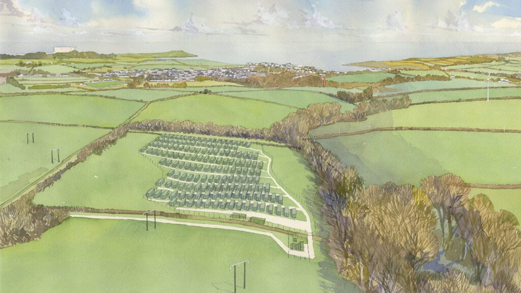 Watercolour of Carrog Battery Energy Storage System in Anglesey landscape